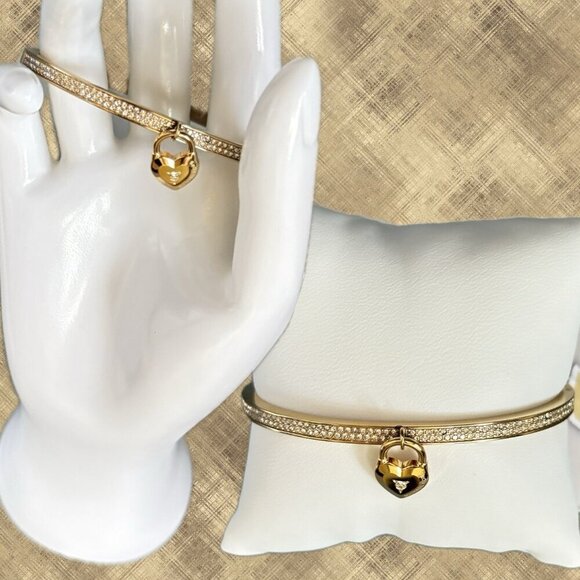 Michael Kors Logo Crystal Pave Heart Charm Gold Stainless Steel Hinge Bracelet - Picture 1 of 8